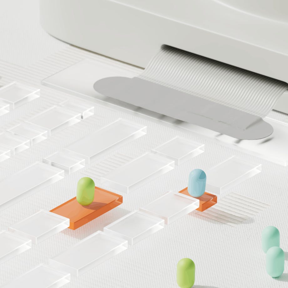 Abstract representation of AI ethics with pills on a clear pathway, symbolizing data sorting.